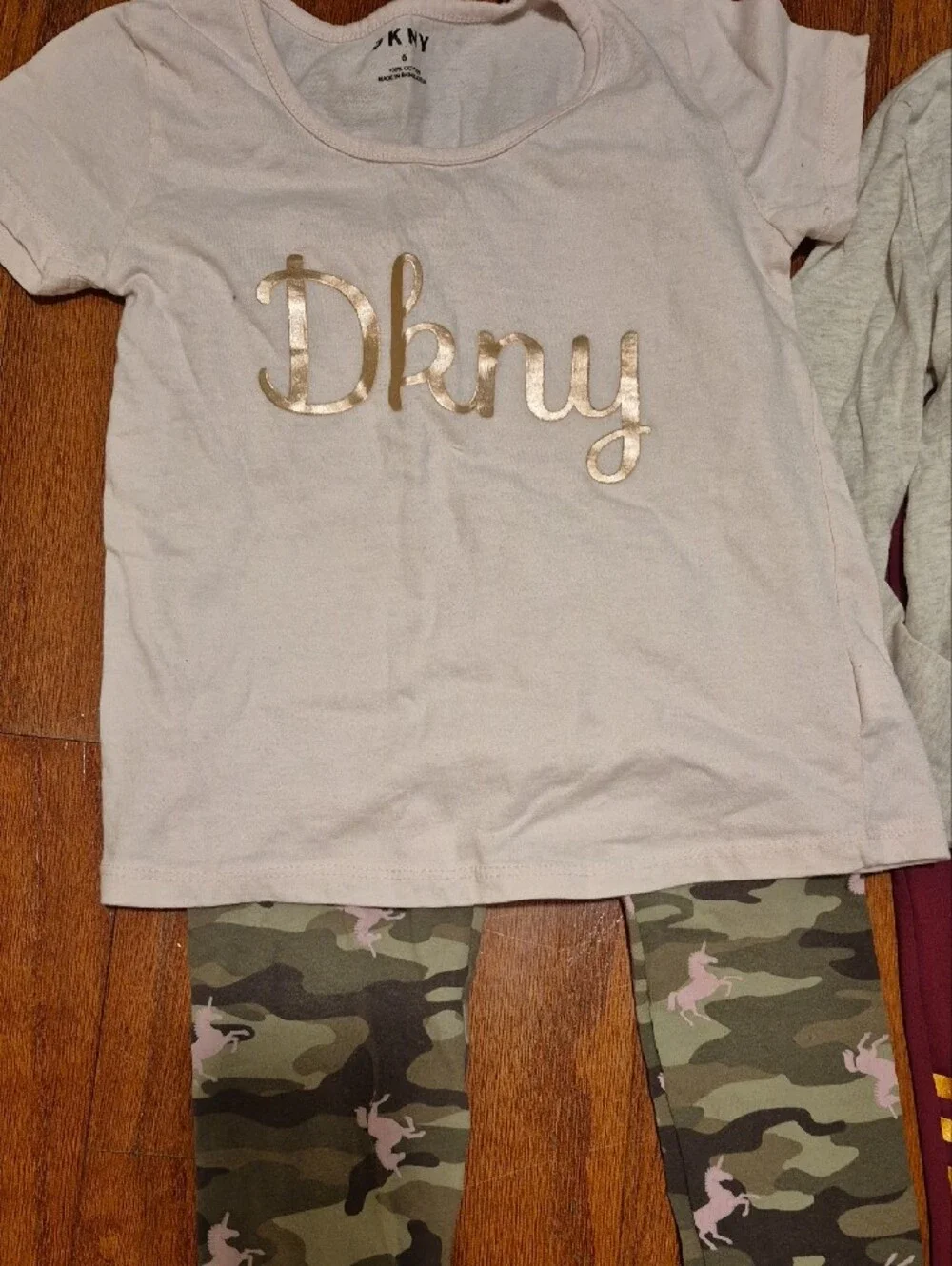 DKNY Pink Tee, Kensie Olive Bomber, Maroon Leggings & Camo Pants Set Bundle